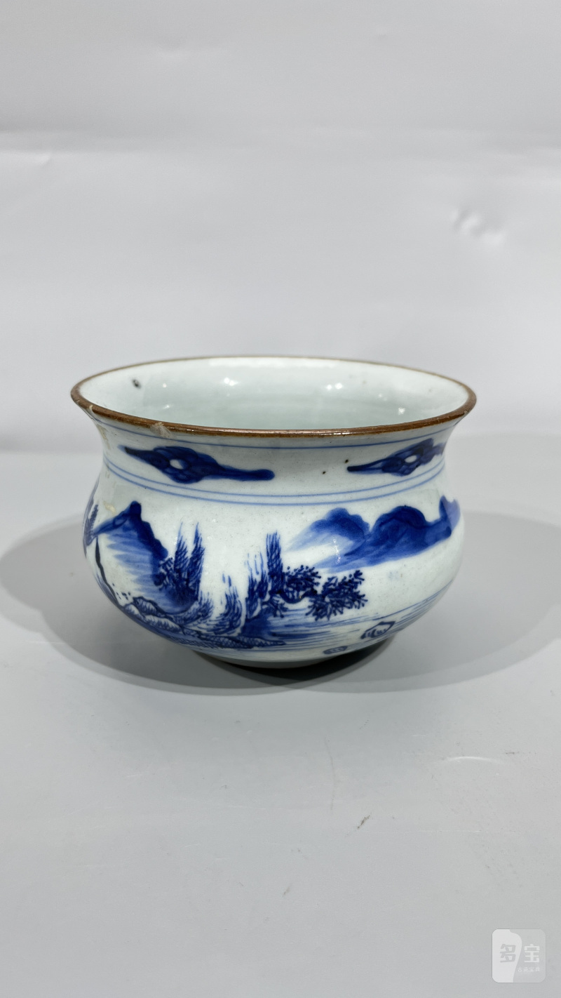 清早期 青花山水人物纹香炉 - 图4